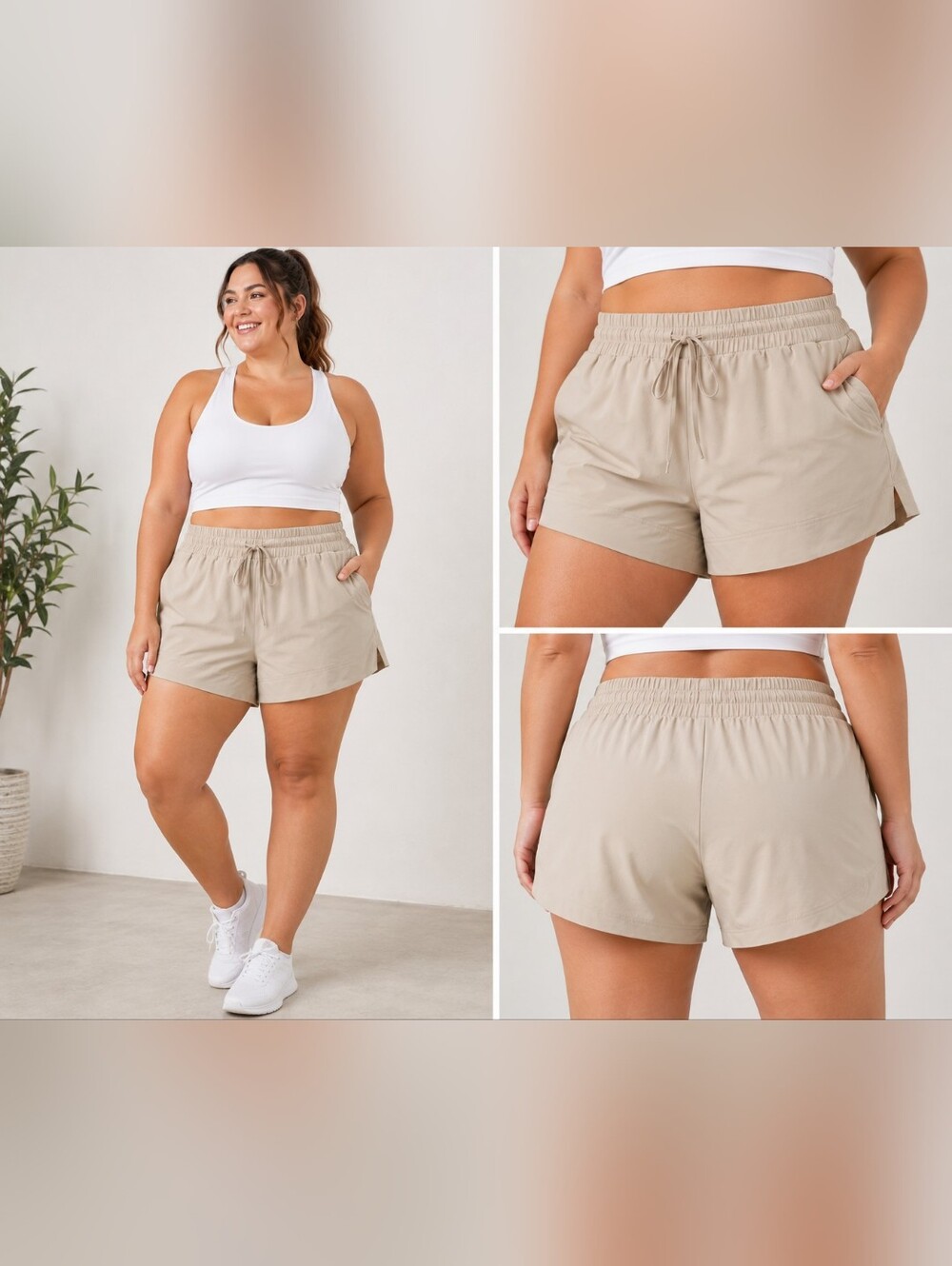 NWT All In Motion Khaki Active Light Woven Shorts 4X Zip Pockets UPF 50
